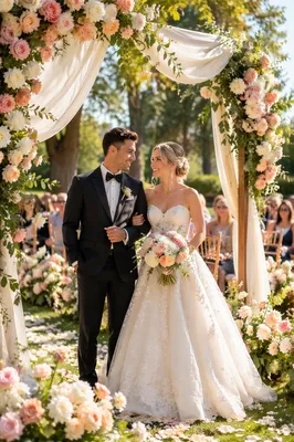 Bride and Groom Under Floral Wedding Arch