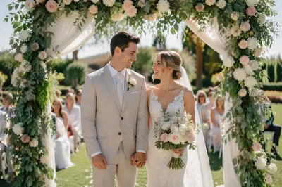 Bride and Groom Under Garden Wedding Arch