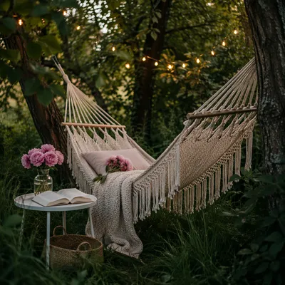 Cozy Garden Hammock Reading Retreat at Dusk