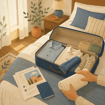 Calm Bedroom Travel Packing Scene