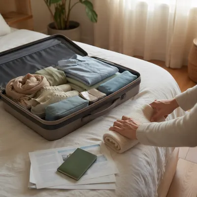 Serene Bedroom Travel Packing Morning Scene