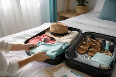 Packing Suitcase on Sunlit Bedroom Bed