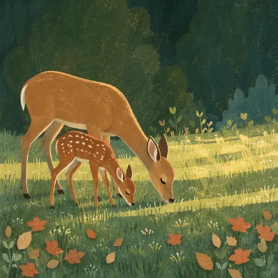 Tender Doe and Fawn in Morning Meadow