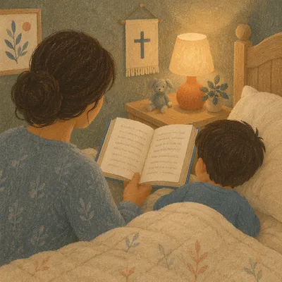 Parent Reading Bible to Child at Bedtime