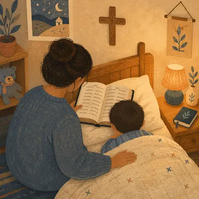 Bedtime Bible Reading in Cozy Bedroom