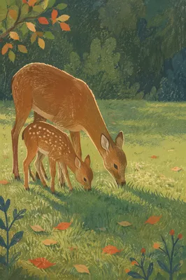 Tender Doe and Fawn in Morning Meadow