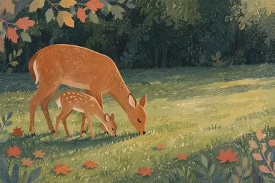 Doe and Fawn in Morning Meadow