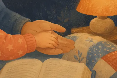 Parent and Child Hands Beside Bedtime Bible