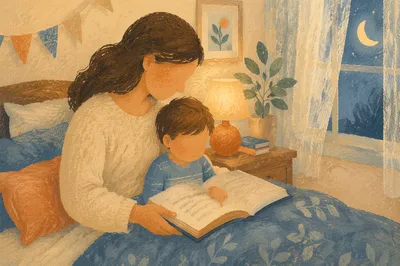 Parent Reading Bible to Child at Bedtime