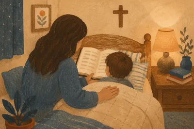 Parent Reading Bible to Child at Bedtime