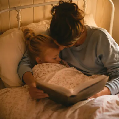 Parent Reading Bible to Child at Bedtime