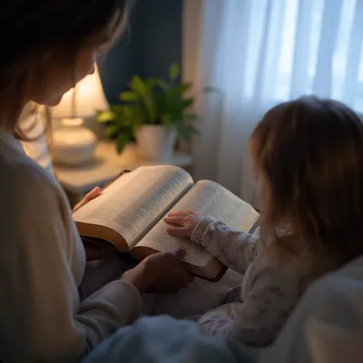 Parent Reading Bible to Child at Bedtime