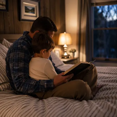 Parent Reading Bible to Child at Bedtime
