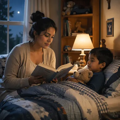 Mother Reading Bible at Childs Bedtime