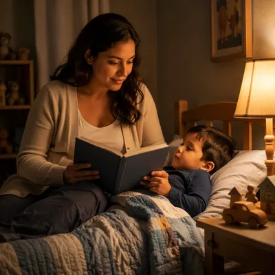 Mother Reading Book to Son Bedtime