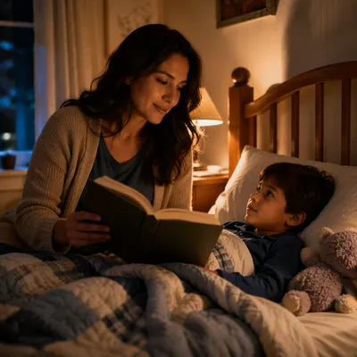 Mother Reading Book to Son Bedtime