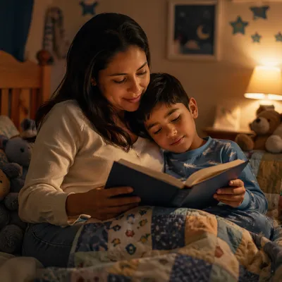 Mother Reading Book to Child Bedtime