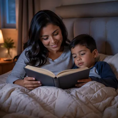 Mother Reading Book to Sleepy Son