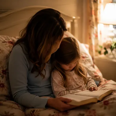 Parent Reading Bible to Child at Bedtime