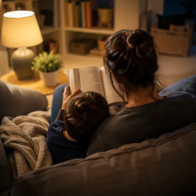 Parent Reading Bible to Child at Bedtime