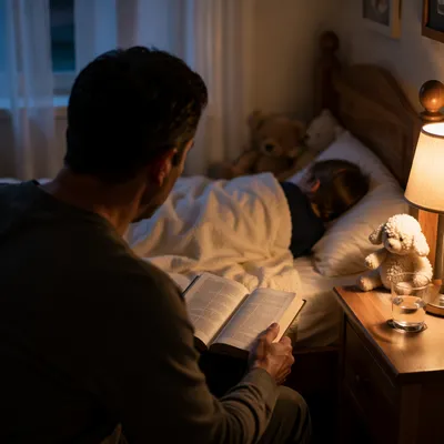Parent Reading Bible During Peaceful Bedtime