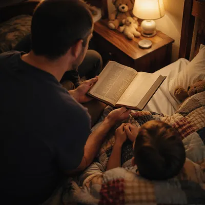 Parent Reading Bible at Child’s Bedtime