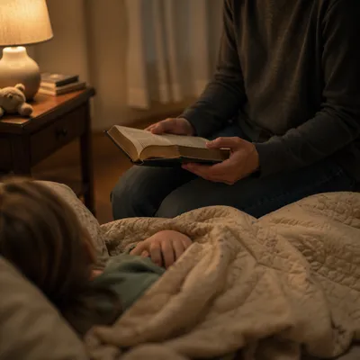 Parent Reading Bible at Peaceful Bedtime