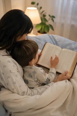 Parent Reading Bible With Child at Bedtime