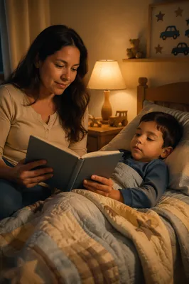 Mother Reading Book to Sleepy Child