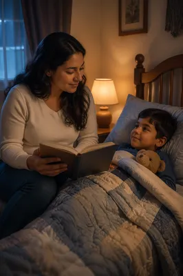 Mother Reading Book to Son at Bedtime