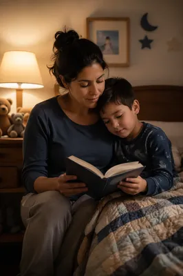Mother Reading Book to Son at Bedtime