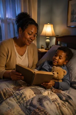 Mother Reading Book to Son at Bedtime