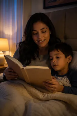 Mother Reading Book to Son Bedtime