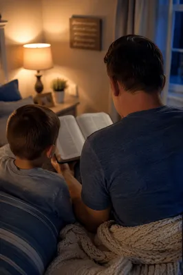 Parent Reading Bible to Child at Bedtime