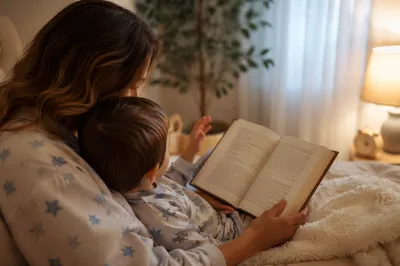 Parent Reading Bible With Child at Bedtime