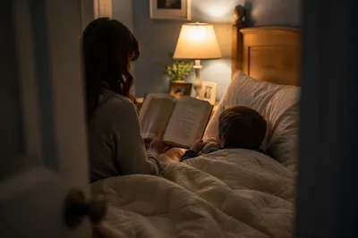 Parent Reading Bible to Child at Bedtime