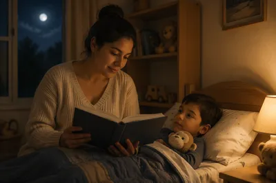 Mother Reading Book to Son at Bedtime