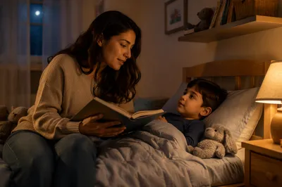 Mother Reading Book to Son at Bedtime