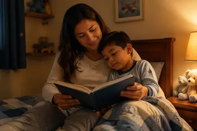 Mother Reading to Son at Bedtime