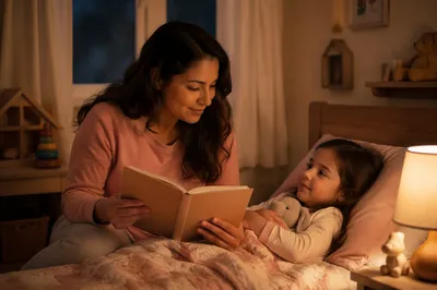 Mother Reading Bedtime Story to Daughter