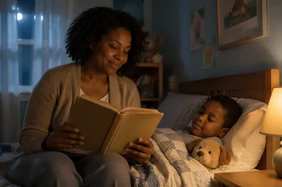 Mother Reading Book to Son at Bedtime
