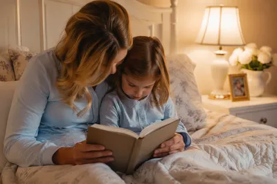 Parent Reading Bible With Child at Bedtime