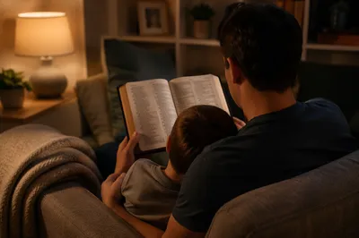 Parent Reading Bible to Child at Bedtime