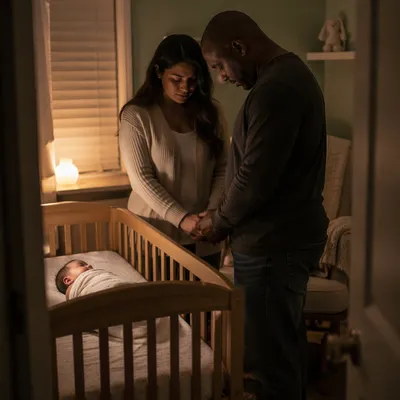 Parents Praying Beside Baby Crib at Night