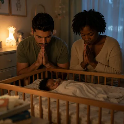 Parents Praying Beside Baby Crib