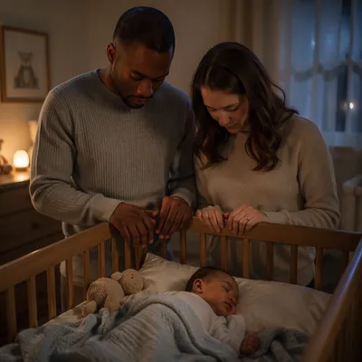 Parents Praying Beside Baby Crib at Night