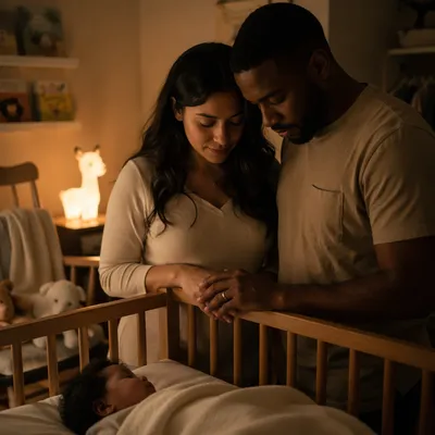 Parents Praying Beside Baby Crib at Night