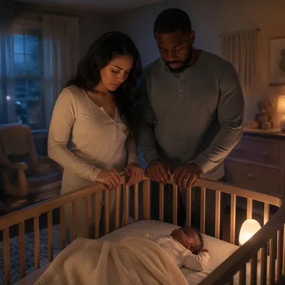 Parents Praying Beside Baby Crib at Night