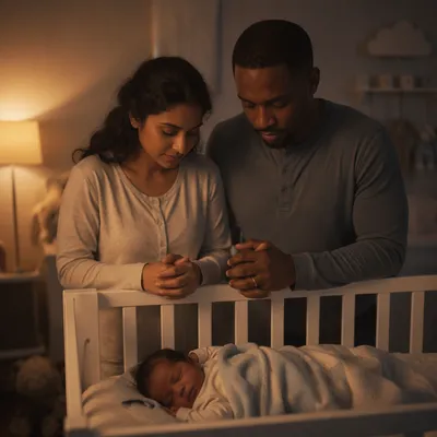 Parents Praying Beside Baby Crib at Night