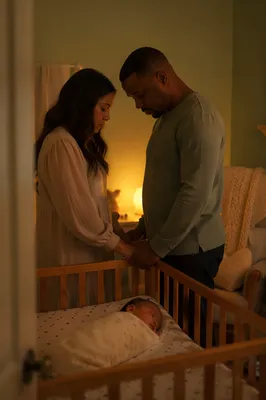 Parents Praying Beside Baby Crib at Night